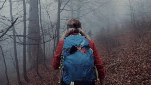 person carrying blue rucksack backpack on wod